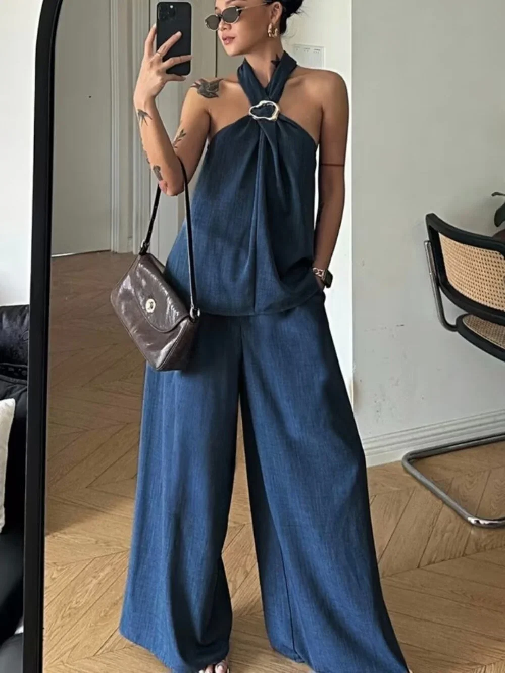 Two-Piece Vintage Coin Embellished Backless Halter Top And Wide-Leg Pants Set